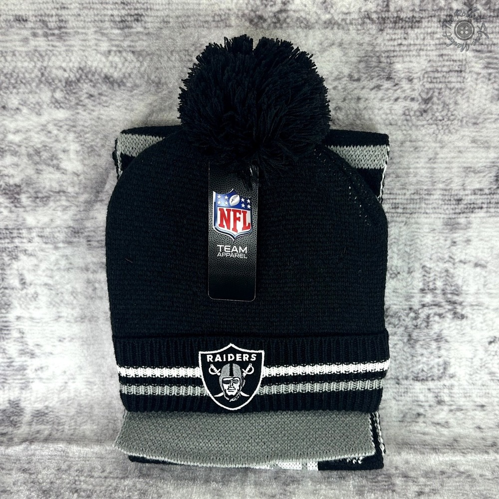 NWT Field of Play Raiders NFL Knit Hat Bobble Beanie & Scarf Set Logo‎ Football